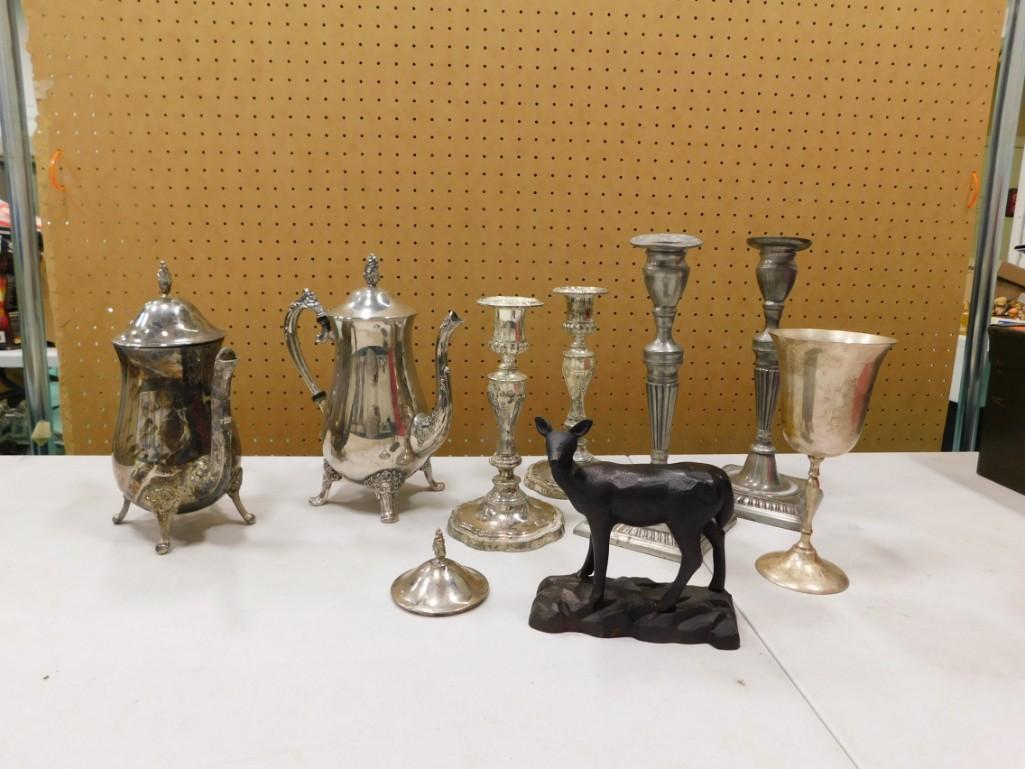 Metal Lot incl Silver Plated Coffee Pots, Cast Metal Deer, Candlesticks, etc: Metal Lot incl Silver Plated Coffee Pots, Cast Metal Deer, Candlesticks, etc