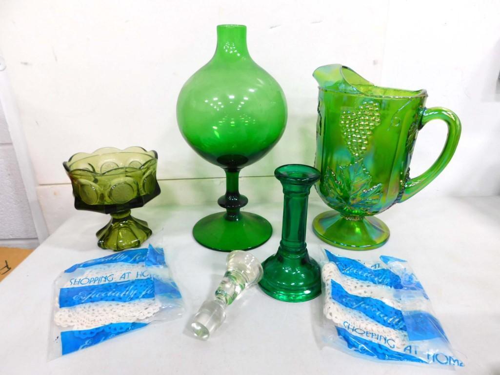 Green Glass incl MCM Footed Green Vase, Carnival Glass Pitcher, Footed Avocado Green Dish, Candlesti (1 of 4)