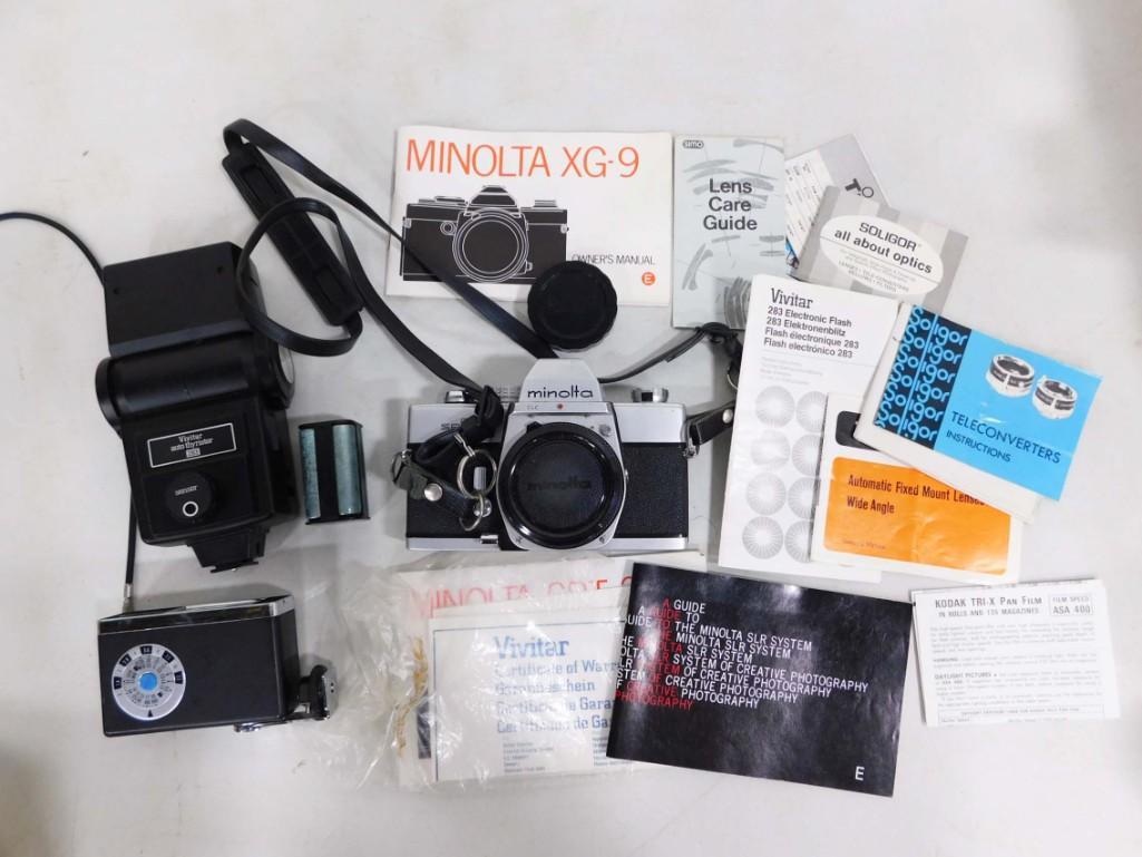 Camera Lot incl Minolta XG-9 Camera, Vivitar Auto Thyristor Flash, Manuals, etc (1 of 5)
