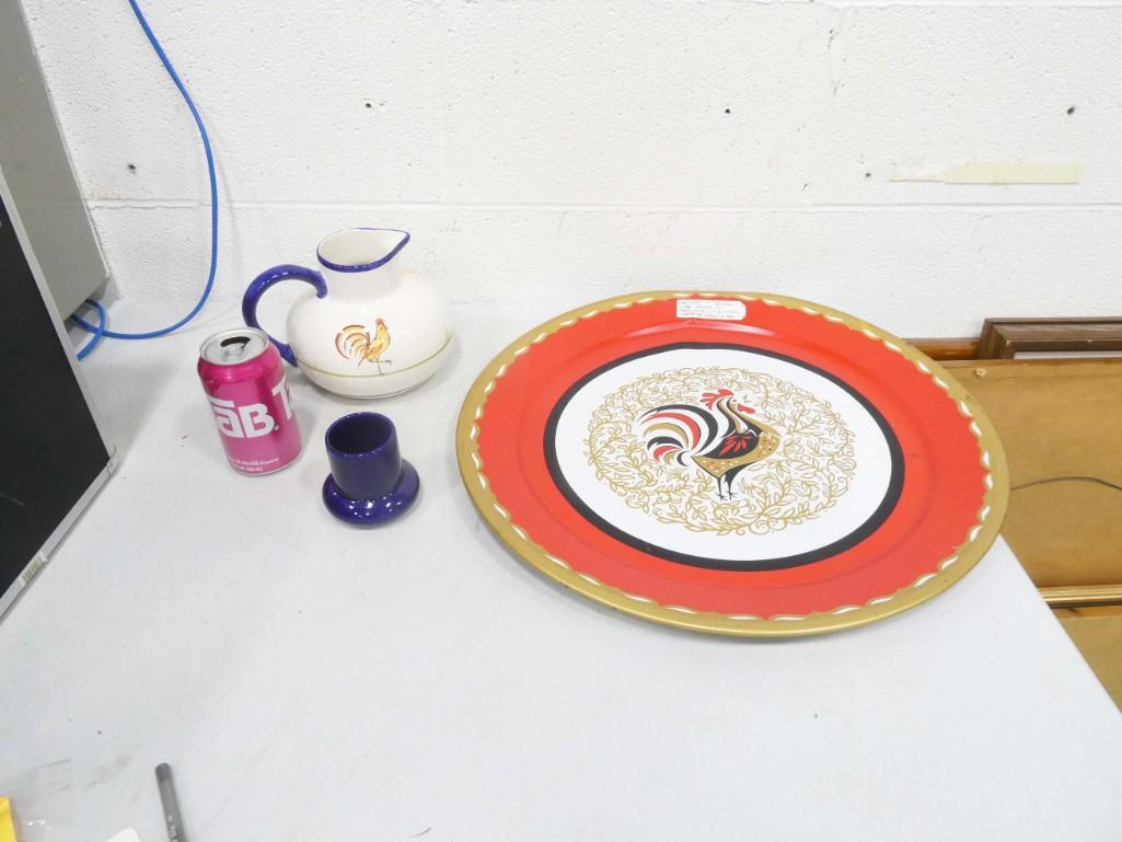 Rooster Tumble Up Pitcher and Vintage Metal Rooster Tray (1 of 7)
