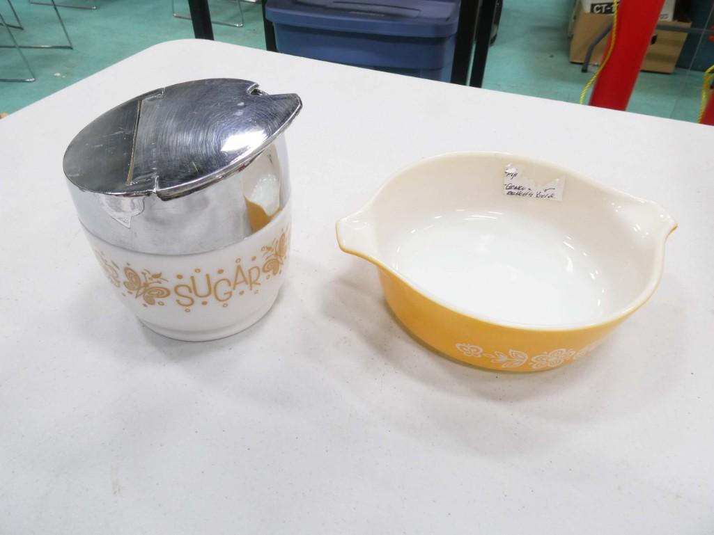 Vintage Pyrex Butterfly Dish and Gemco Butterfly Sugar Bowl: Vintage Pyrex Butterfly Dish and Gemco Butterfly Sugar Bowl