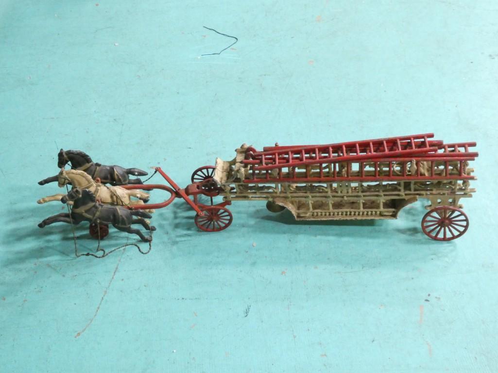 Cast Iron Toy Horse Drawn Firetruck with Ladders Approx 32" long: Cast Iron Toy Horse Drawn Firetruck with Ladders Approx 32" long