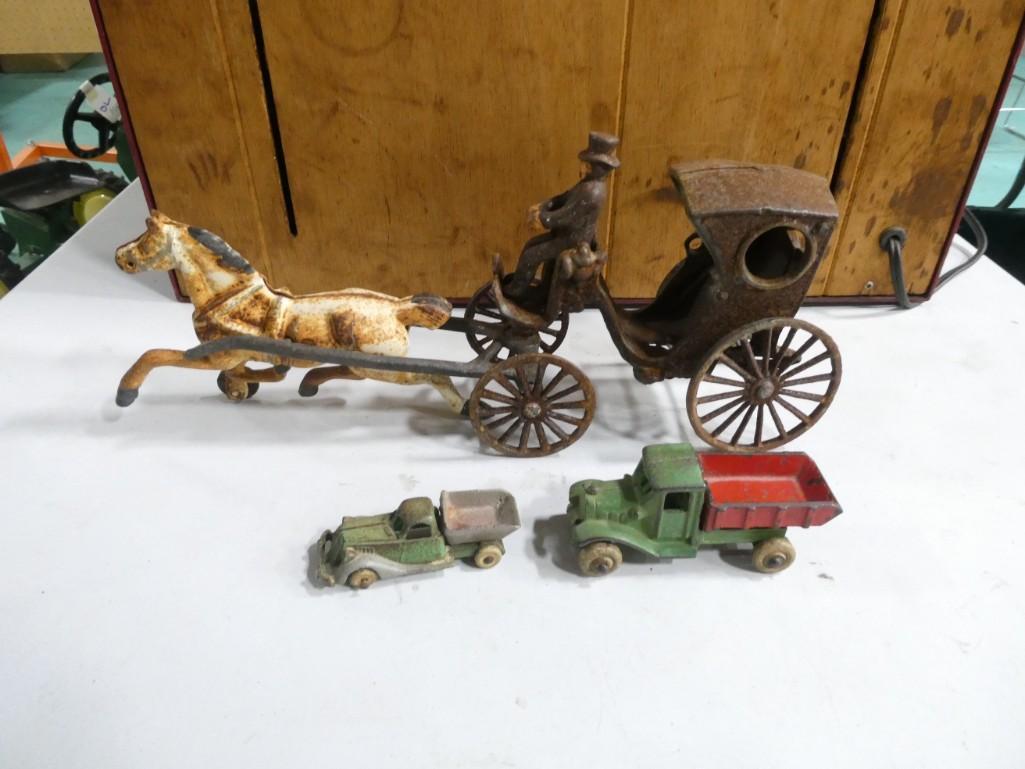 Cast Iron Toy Horse and Buggy with a Person and 2 Trucks (1 of 9)