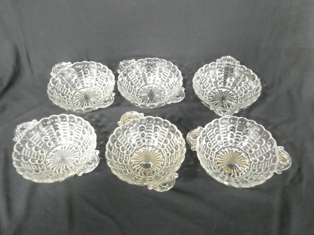 6 Indiana Glass Mayflower Cereal Bowls with Handles: 6 Indiana Glass Mayflower Pattern Clear Depression Glass Cereal Bowls with Handles
