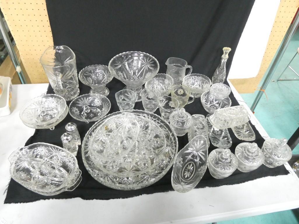 Large Lot of Prescut Glass, etc incl Pitcher, Footed Bowl, Serving Plates, Cruet, Butter Dishes, (1 of 12)