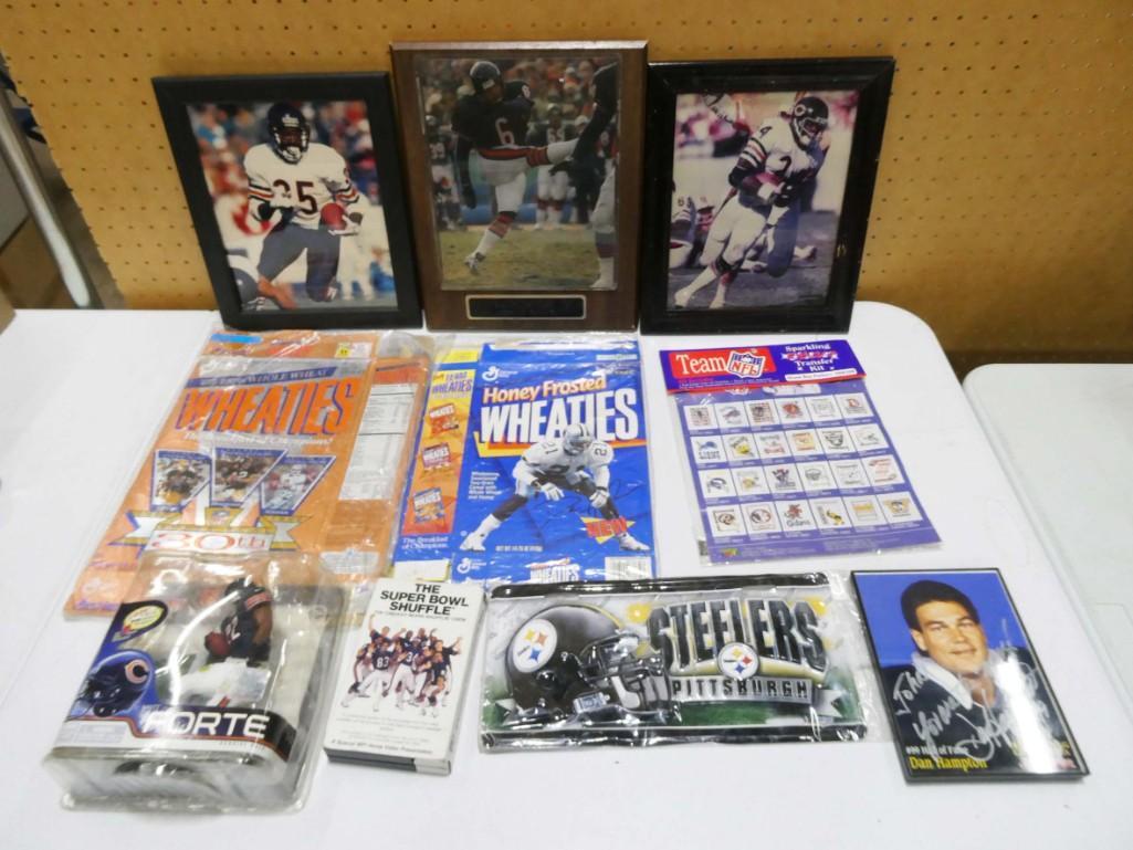 Sports Lot incl Matt Forte Action Figure, Super Bowl Shuffle VHS, Kevin Butler Plaque, NFL Stickers, (1 of 8)