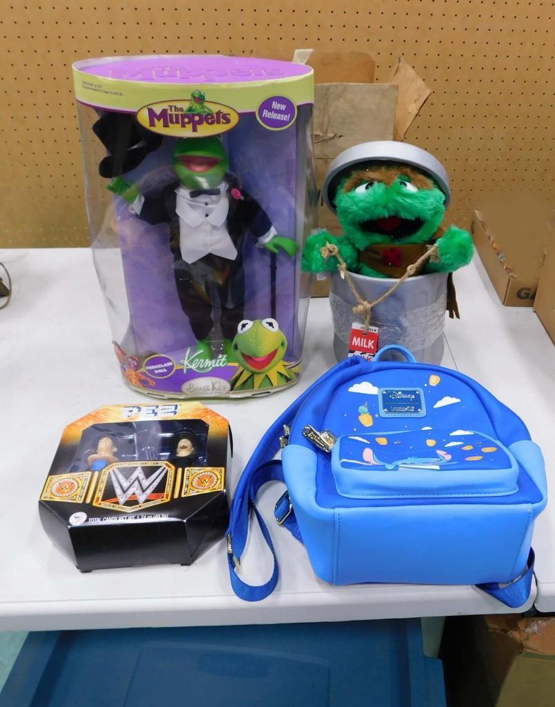 Toy Lot incl The Muppets Kermit the Frog Porcelain Doll, Plush Oscar the Grouch, (1 of 6)