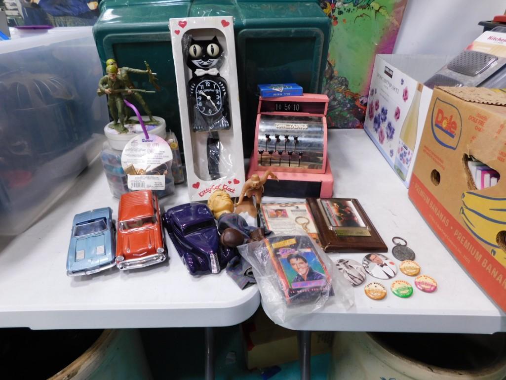 Collectibles incl Vintage Toy Cash Register, Kitty Cat Clock, Die Cast Cars, Plastic Toy Soldiers, (1 of 4)