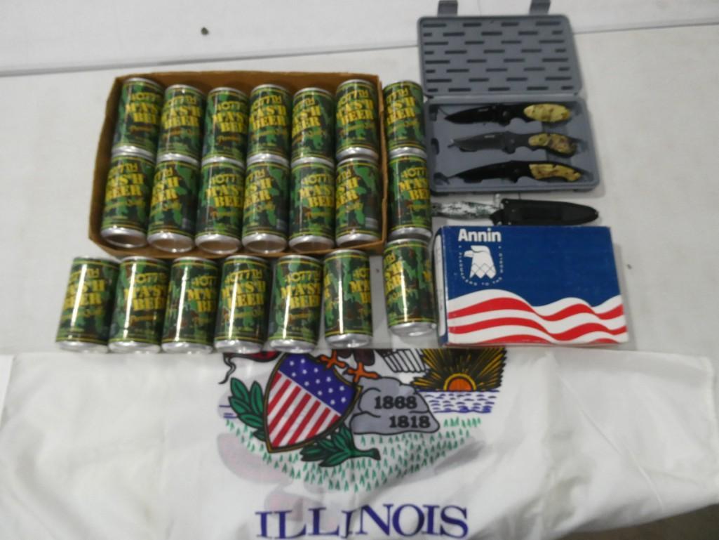 Misc incl Knives incl Maxam with Case, Knife with Sheath, Illinois Flag, Mash Beer Cans EMPTY: Misc incl Knives incl Maxam with Case, Knife with Sheath, Illinois Flag, Mash Beer Cans EMPTY