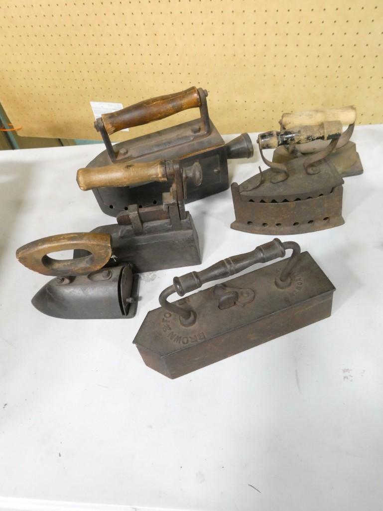 6 Antique Sad Irons incl Coal Irons, Brown and Foster, Wood Handles, Metal Handles, Etc (1 of 9)