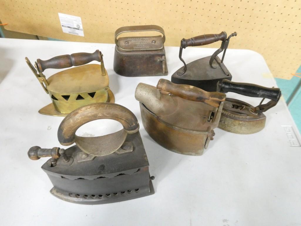 6 Antique Irons incl Brass, Cast Iron, etc Peppas & Alex Co, A.C. Williams Co, etc: 6 Antique Irons incl Brass, Cast Iron, etc Peppas & Alex Co, A.C. Williams Co, etc