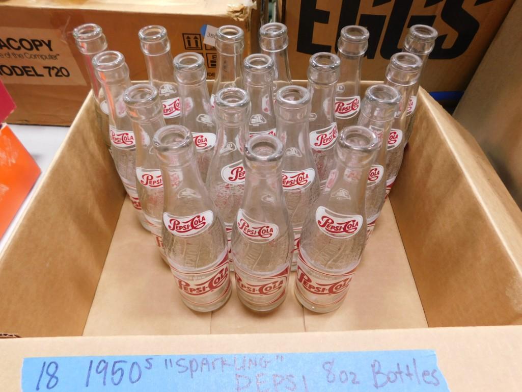 18 Vintage 1950s "Sparkling" Pepsi Cola Bottles 8 oz Size: Lot of 18 Vintage 1950s Sparkling Pepsi Cola Bottles 8 oz Size