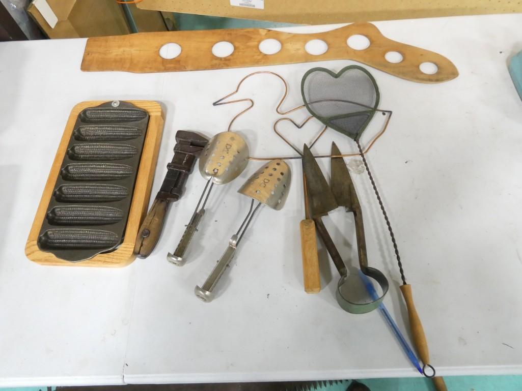 Vintage Lot incl Pipe Wrench, Cast Iron Corn Pan, Sheers, Shoe Repair Items, Wood Leg Shaped Item (1 of 8)