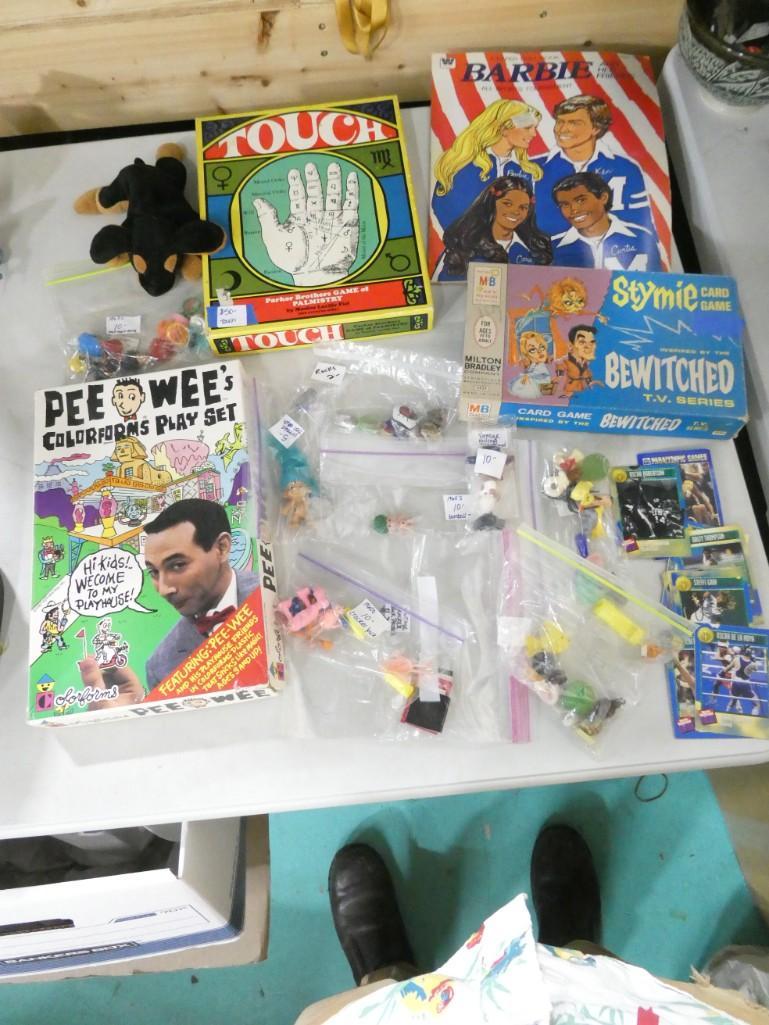 Vintage Toy Lot incl Barbie Paper Dolls, Parker Bros Touch Game, Stymie Bewitched Card Game,: Vintage Toy Lot incl Barbie Paper Dolls, Parker Bros Touch Game, Stymie Bewitched Card Game, Pee Wee's Color Form Set, Gumball Machine Toys, 1960s gumball machine troll doll, Kellogg's bobble