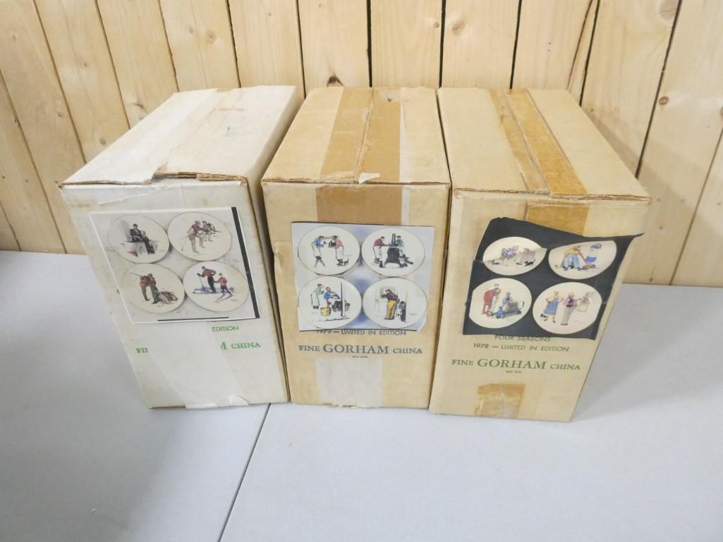 3 Boxes of 4 Gorham Norman Rockwell Collector Plates in the Original Boxes: 3 Boxes of 4 Gorham Norman Rockwell Collector Plates in the Original Boxes including 1978, 1979, 1980. Each box has 4 seasons