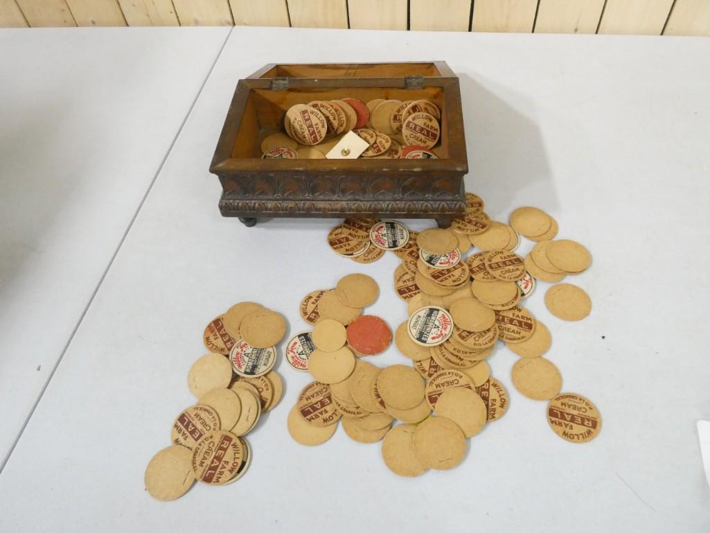 Milk Bottle Paper Caps in a Hand Carved Wood Box (1 of 7)