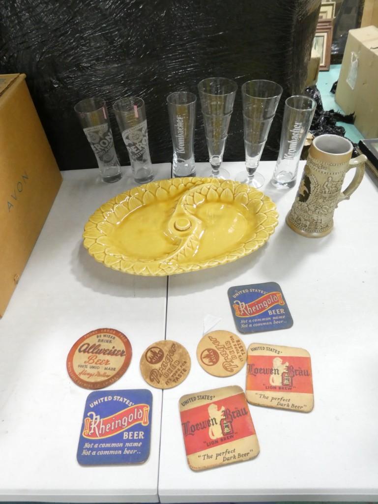 Lot of Beer Glasses incl Krombacher, Vintage Beer Coasters, Beer Stein, Ceramic Divided Dish (1 of 10)