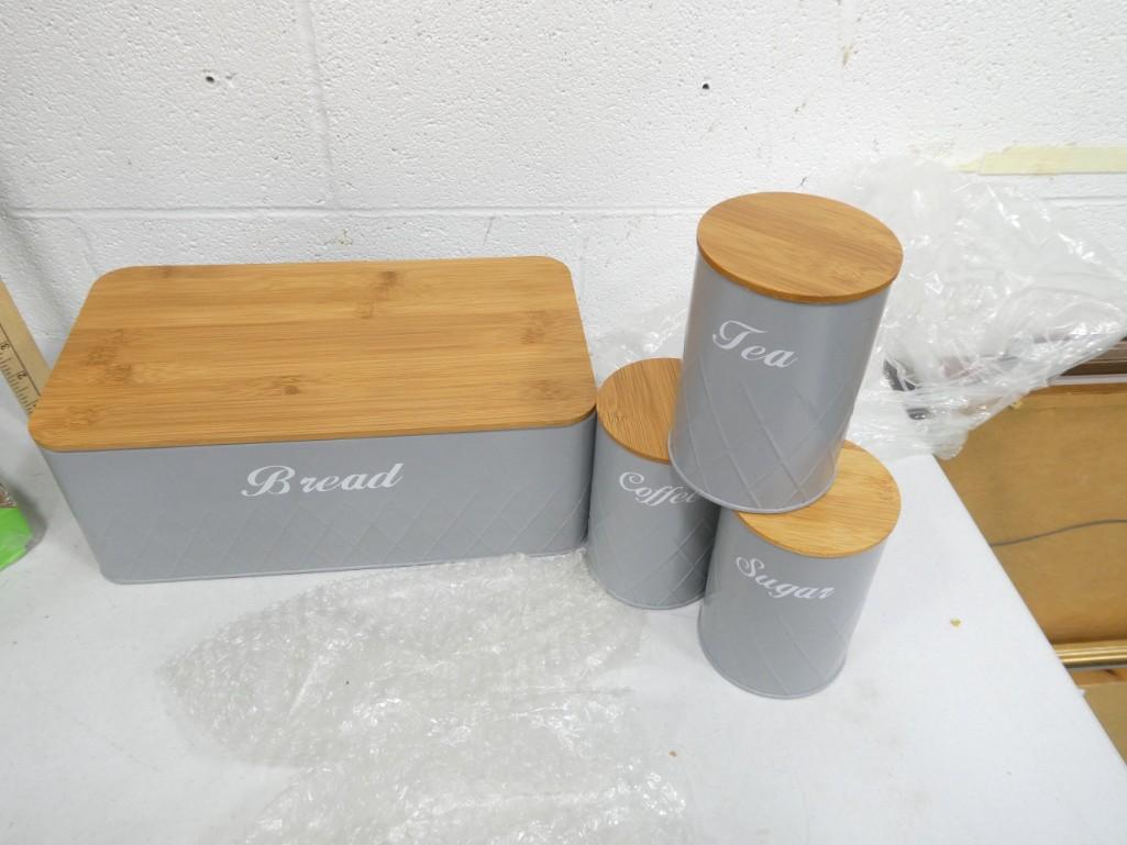 Gray Breadbox with Matching Canisters and Wood Tops Appears New (1 of 5)
