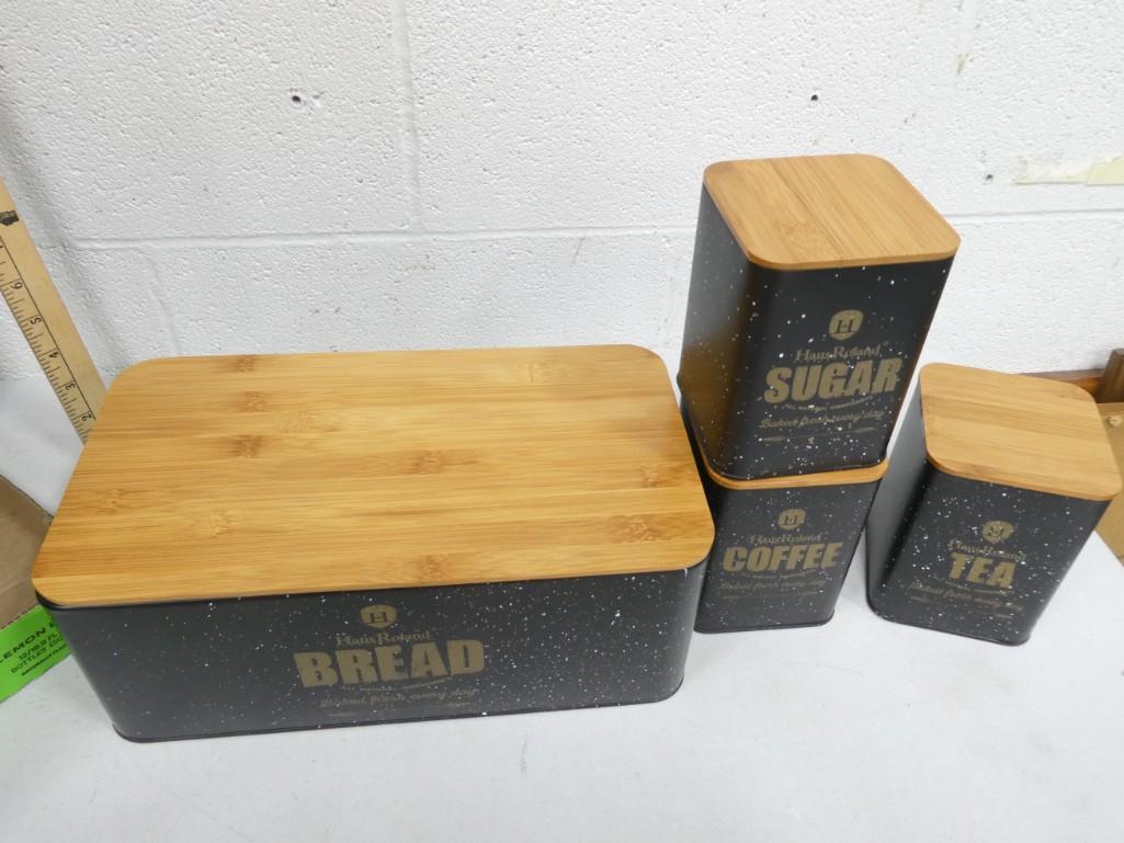 Black Breadbox with Matching Canisters and Wood Tops Appears New (1 of 4)