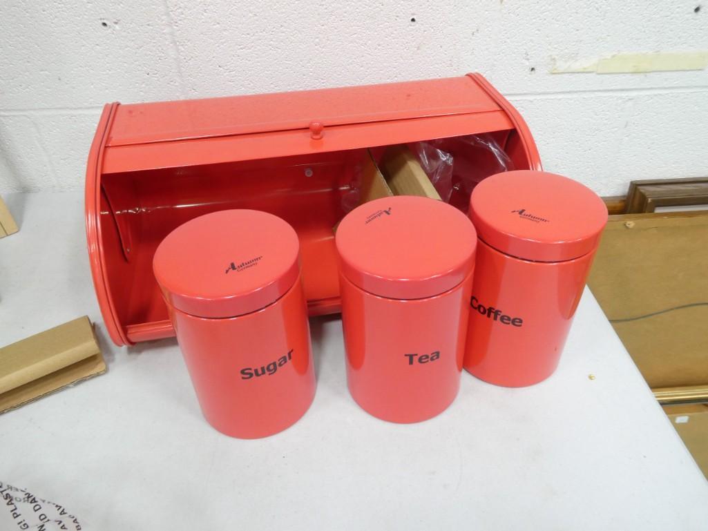 Red Breadbox with Matching Canisters and Wood Tops Appears New (1 of 5)