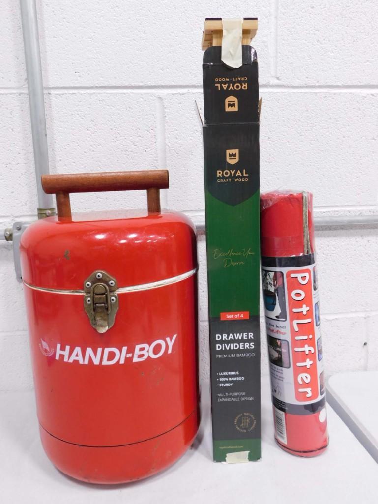 Handi Boy Red Cooler, Drawer Dividers, Pot Lifter: Misc Lot including Handi Boy Red Cooler, Drawer Dividers, Pot Lifter