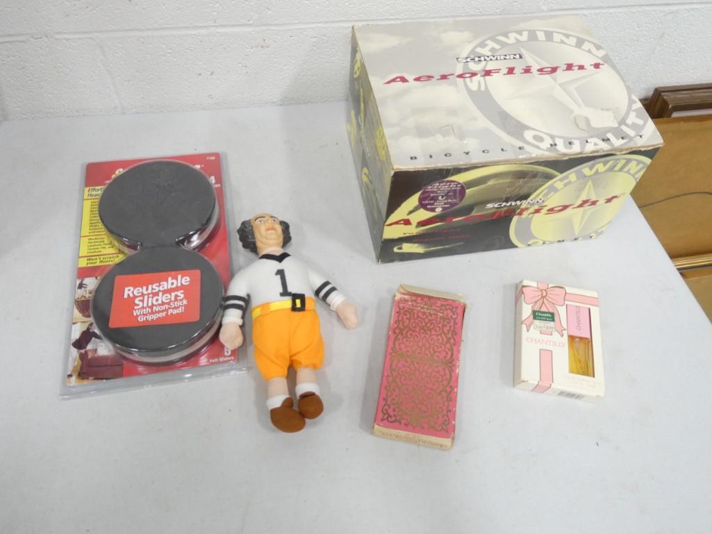 Misc incl Furniture Sliders, S/M Schwinn Bike Helmet, Avon Perfumes, Three Stooges Doll (1 of 8)