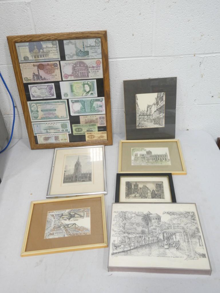 Lot of Framed Art, etc incl World Currency Bills, etc: Lot of Framed Art, etc incl World Currency Bills, etc . World currency one is about 17 1/2" x 13" and the others are smaller