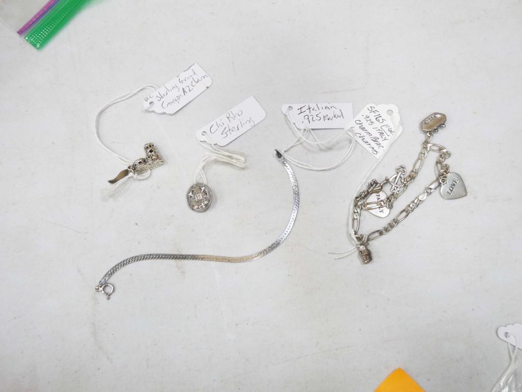 Lot of Sterling Silver Jewelry incl Bracelet, Bracelet with Charms, Grand Canyon Charm,: Lot of Sterling Silver Jewelry incl Bracelet, Bracelet with Charms, Grand Canyon Charm, Chi Rho Sterling Silver Pin , Sterling Silver Cross with Stones