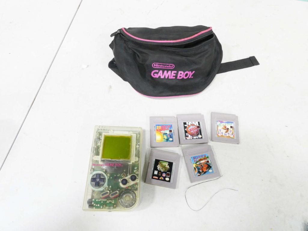 Clear Nintendo Gameboy with 5 Games incl NBA Jam, Super RC Pro Am, F1 Race, etc: Clear Nintendo Gameboy with fanny pack with 5 Games incl NBA Jam, Super RC Pro Am, F1 Race, etc Condition: missing the battery cover