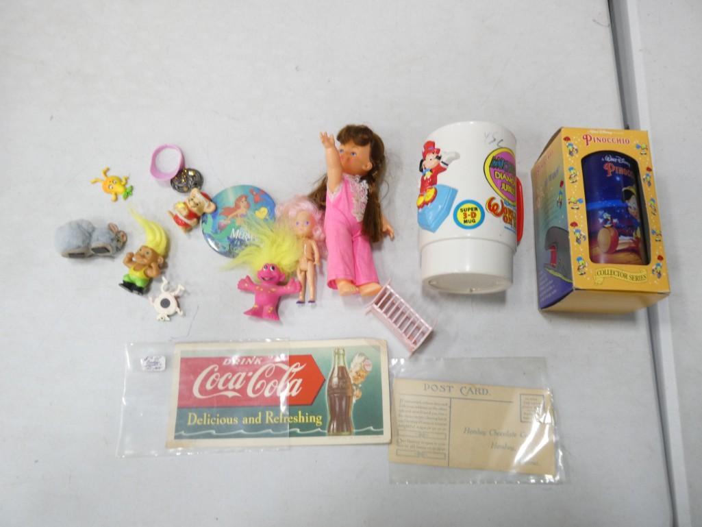 Lot of Toys Etc incl Mickey Mouse on Ice Cup, Trolls, Dolls, Coca Cola Card, Ephemera, etc (1 of 8)