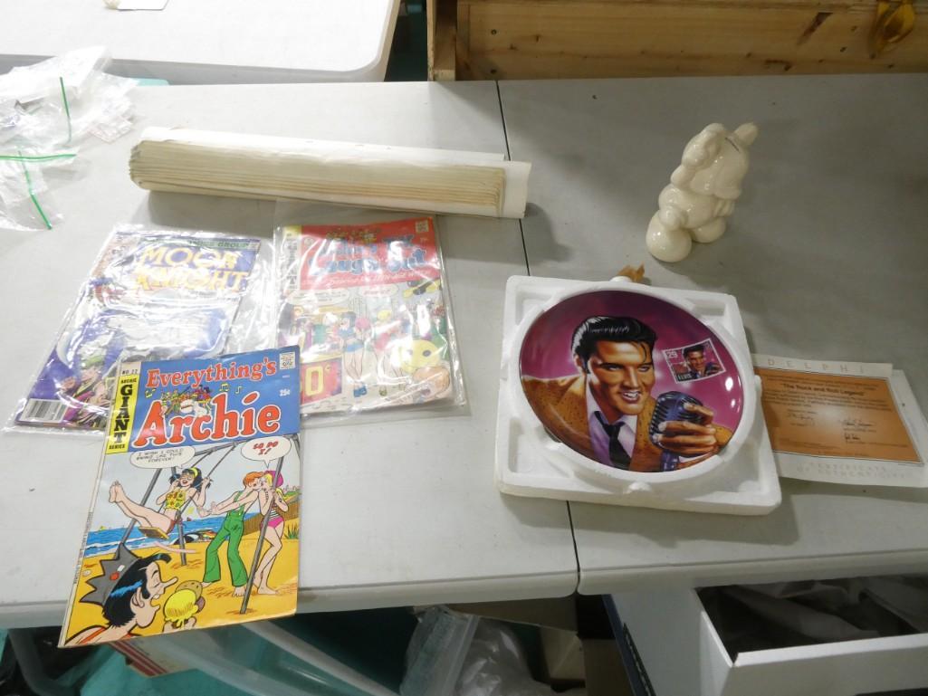 Misc Lot incl Pan Am 1952 Calendar, Ceramic Micky Mouse, Elvis Plate, Moon Night Comic #1 (1 of 7)