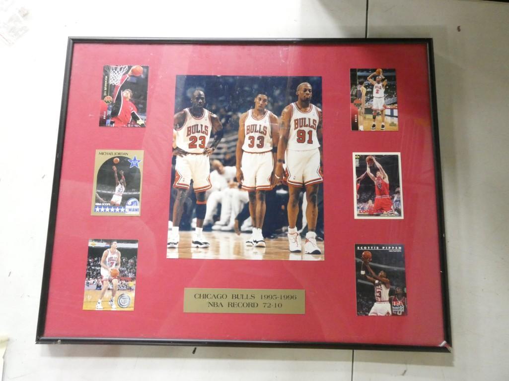 Chicago Bulls 1995-96 Framed Plaque with Photo and Cards incl Michael Jordan: Chicago Bulls 1995-96 Framed Plaque with Photo and Cards incl Michael Jordan . Measures about 16" x 20"