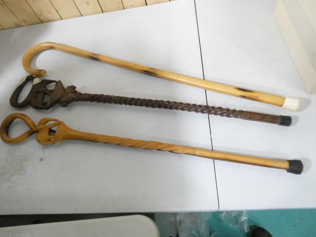 3 Canes or Walking Sticks incl 2 Hand Carved with Elephants (1 of 5)