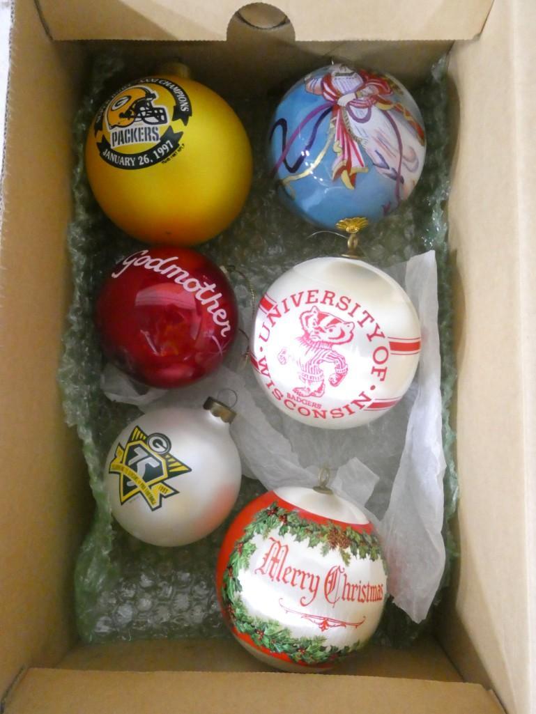 Lot of 6 Christmas Ornaments including Wisconsin Badgers, Green Bay Packers, etc.: Lot of 6 Christmas Ornaments including Wisconsin Badgers, Green Bay Packers, etc.