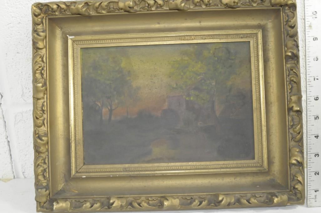 Very Old Oil on Board Farmhouse with Waterwheel Scene 11 1/2" x 14 1/2" (1 of 3)