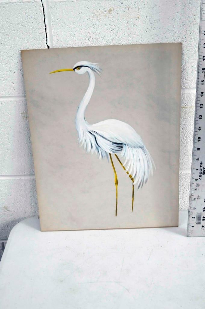 Painting on Paper Mounted on Cardboard of a Crane Measures about 14" x 18": Painting on Paper Mounted on Cardboard of a Crane Measures about 14" x 18"