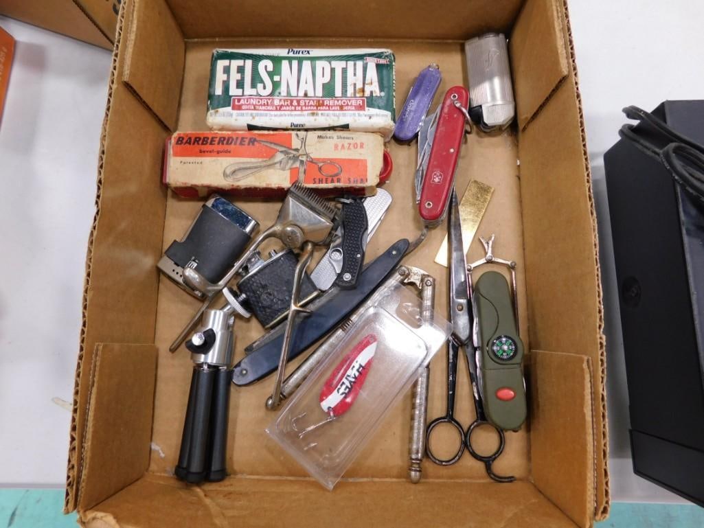 Lot of Smalls incl Pocket Knives, Straight Razor, Lighter, Fishing Lure, Nutcracker, Scissors, etc (1 of 1)