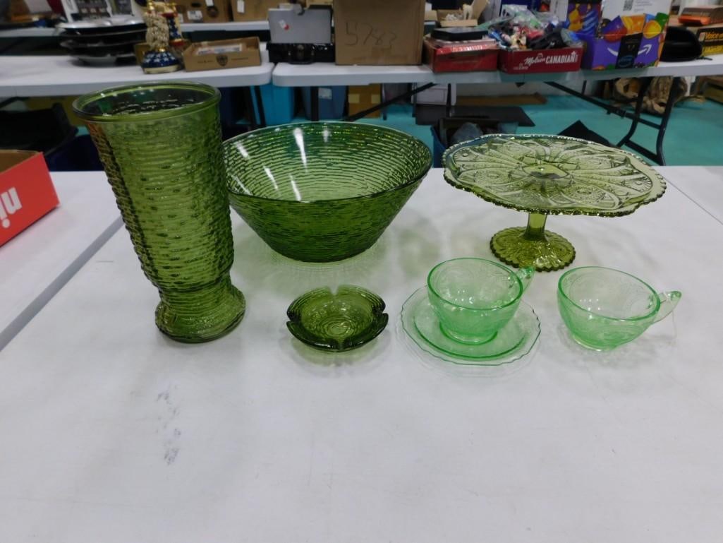 Lot of Green Glassware incl Uranium Glass Cups and a Small Plate, Avocado Cake Stand, etc (1 of 5)