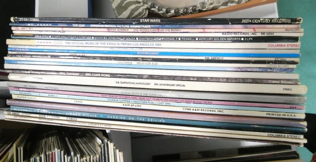 Large Lot of Vinyl Records including Star Wars, Top Gun, Billy Ocean, Tina Turner, 'Til Tuesday,: Large Lot of Vinyl Records including Star Wars, Top Gun, Billy Ocean, Tina Turner, 'Til Tuesday, Temptations, Diana Ross, Miami Vice, Lionel Richie, Men At Work, etc.