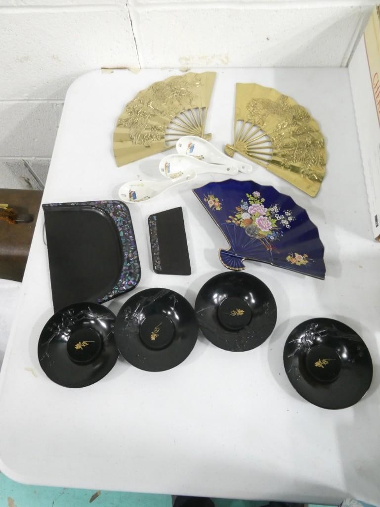 Asian Style Lot incl Fans, Silent Butler with Abalone Inlay, Kutani Ceramic Fan Dish, etc (1 of 8)