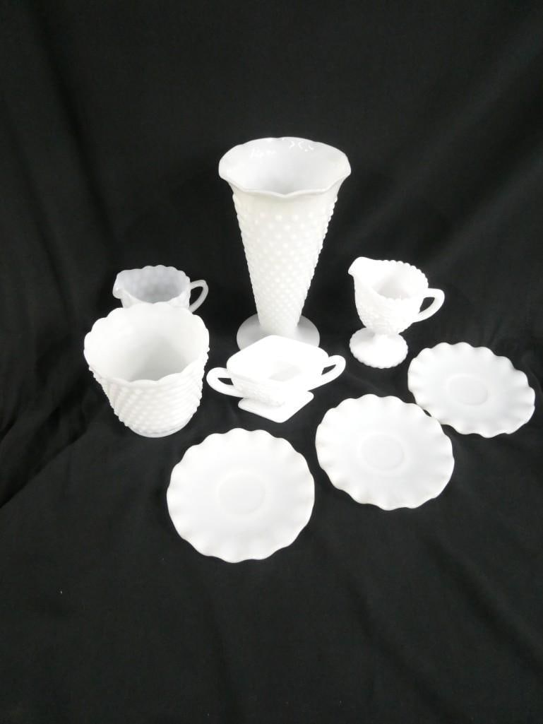 Vintage Milk Glass Lot incl Hobnail, Bubble, Fluted Edge, etc: Vintage Milk Glass Lot incl Hobnail, Bubble, Fluted Edge, etc