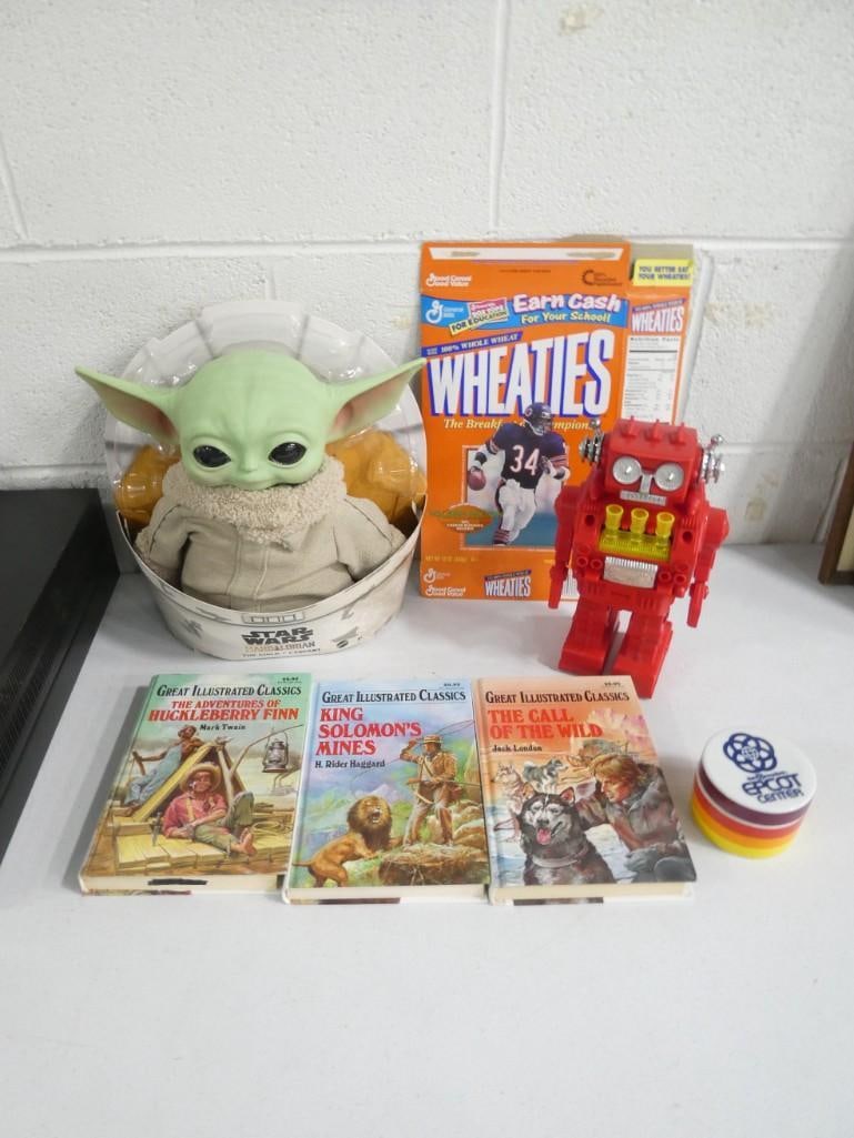 Toy / Collectible Lot including Star Wars Baby Yoda, Walter Payton Wheaties, Battery Operated Robot: Toy / Collectible Lot including Star Wars Baby Yoda, Walter Payton Wheaties, Battery Operated Robot, Disney Epcot Dish, Classic Books