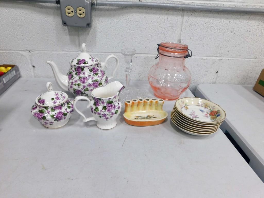 Grace's Teaware Teapot, Creamer, and Sugar Bowl, Vintage Limoges Shallow Bowls,: Grace's Teaware Teapot, Creamer, and Sugar Bowl, Vintage Limoges Shallow Bowls, vintage ashtray with holder for cigarettes, pink glass canister, etc
