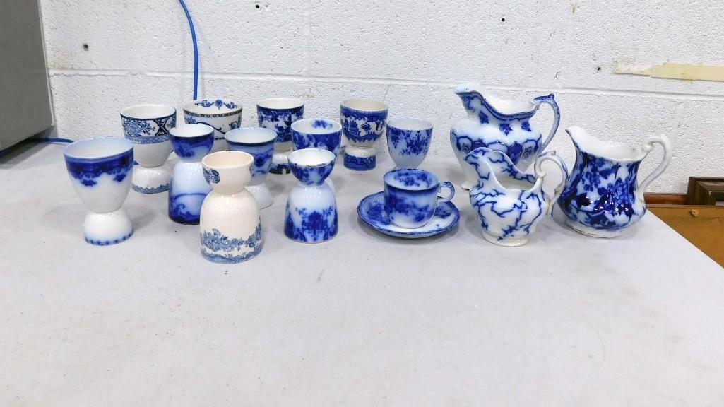 Antique Flow Blue Porcelain China, etc incl Egg Cups, Pitcher, etc: Antique Flow Blue Porcelain China, etc incl Egg Cups, Pitcher, etc