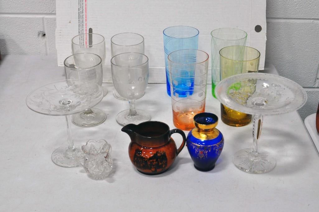 Glassware incl 4 EAPG Goblets, 2 Pedestal Candy Dishes, Gold Gilt Vase, (1 of 6)