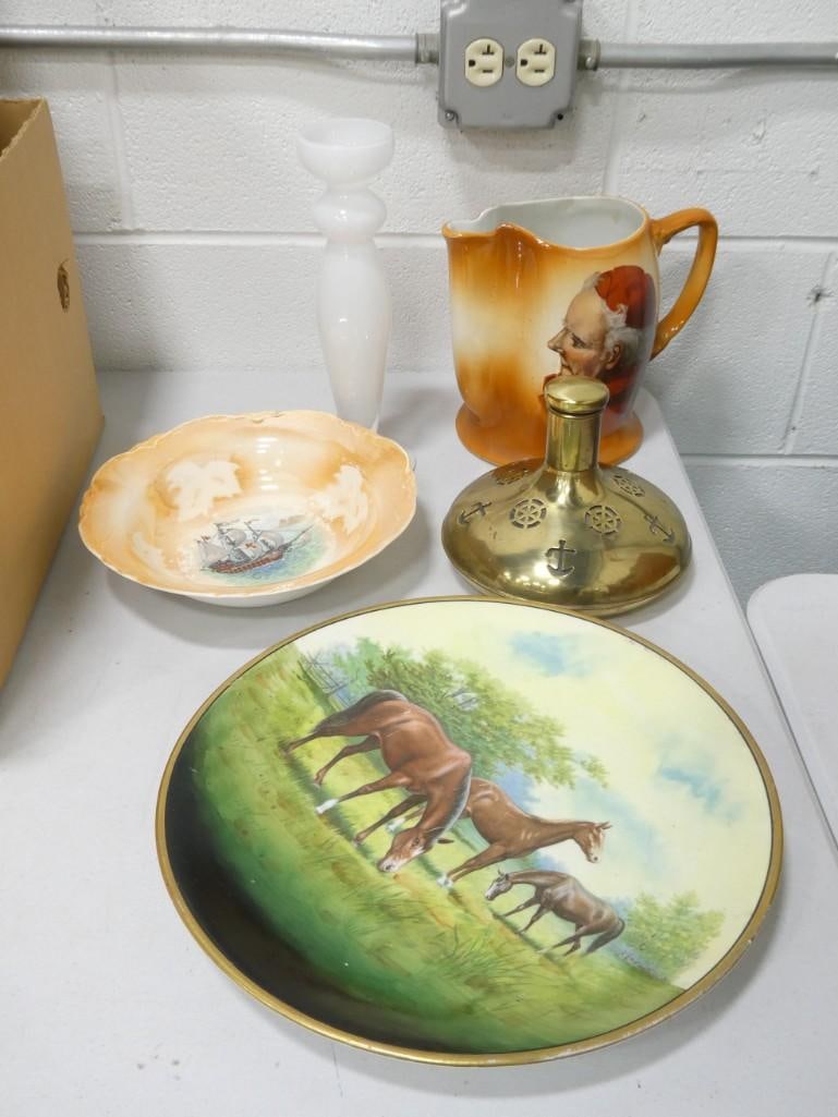 Collectibles incl Brass Decanter made in Sweden, Art Glass Vase Marked Orrefors, Transferware: Collectibles incl Brass Decanter with Nautical Theme made in Sweden, Art Glass Vase Marked Orrefors, Transferware