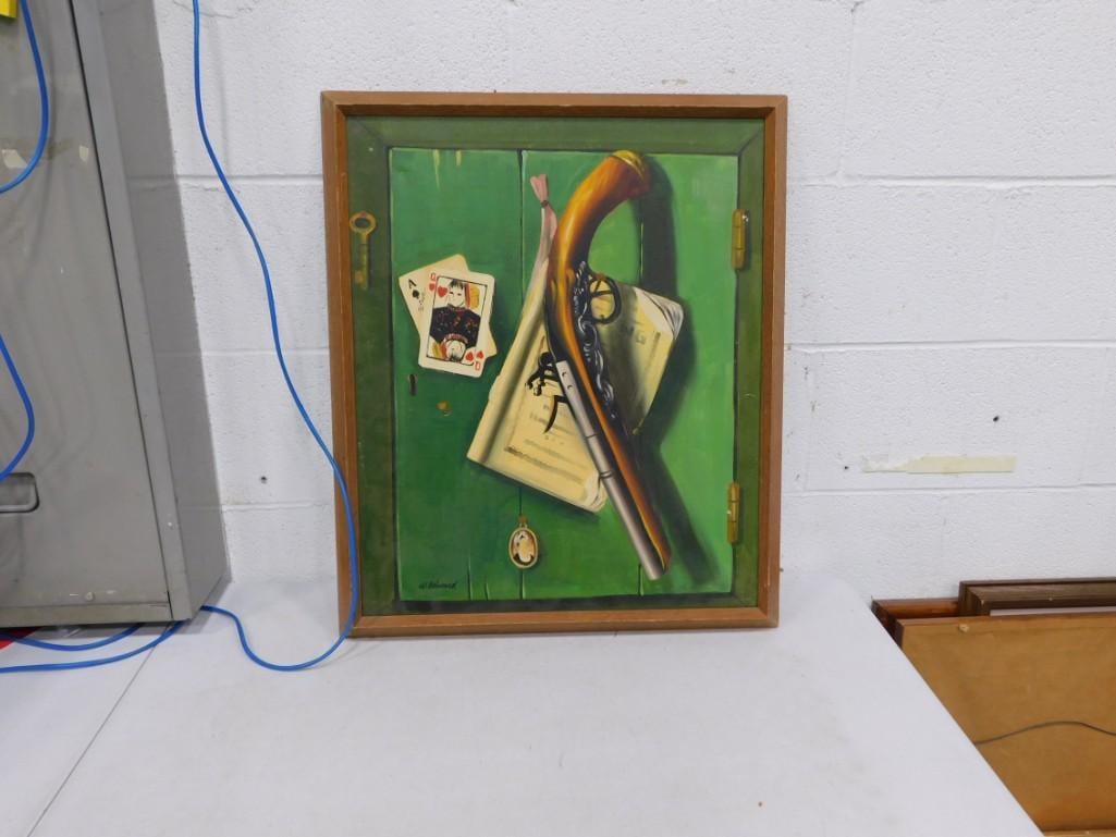 W. Edward Framed Oil Painting - Playing Cards and Gun: W. Edward Framed Oil Painting - Playing Cards and Gun - Measures roughly 22x25.5"