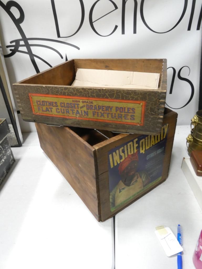 Pair of Wooden Crates including Vintage Black Americana: Pair of Wooden Crates including Vintage Black Americana - Citrus Fruit - The crackling in the printing on the other one is part of the printing and not really crackling