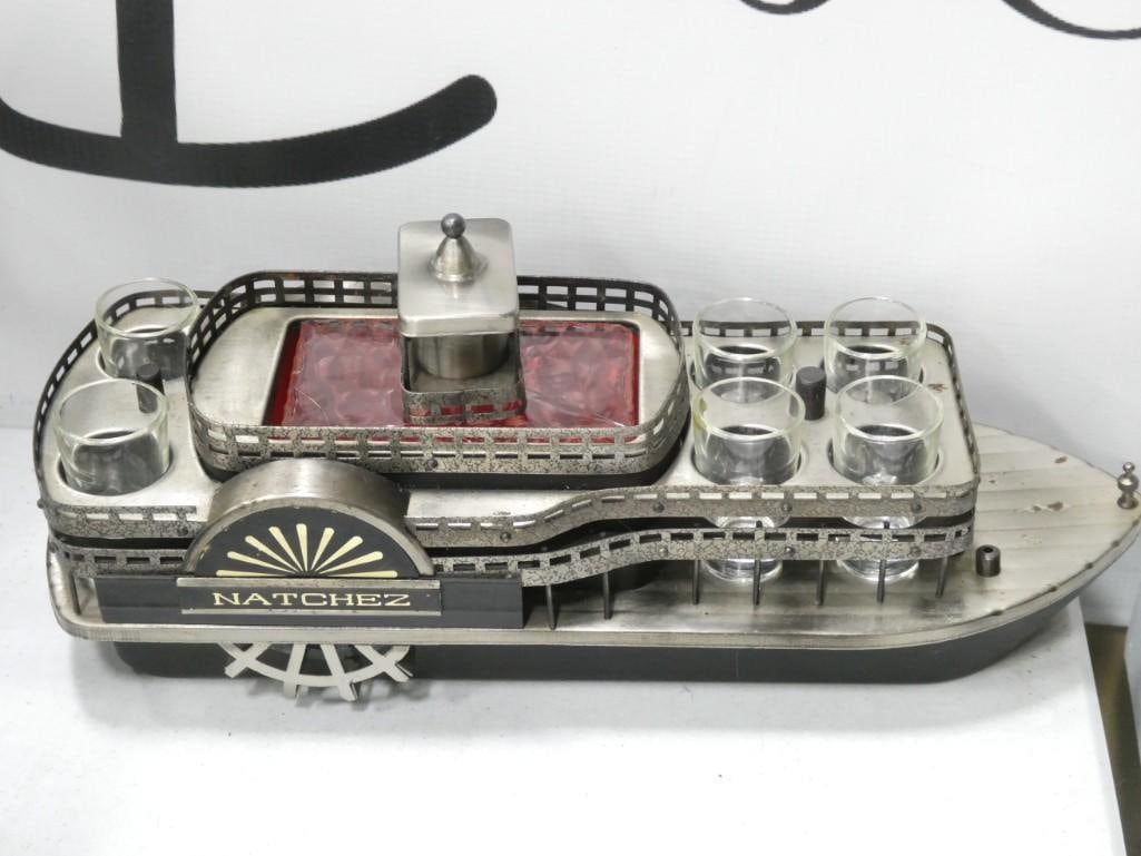 Vintage Riverboat Decanter and Shot Glass Music Box: Vintage Riverboat Decanter and Shot Glass Music Box - taking the decanter out turns on the music box and makes the liquor taste better