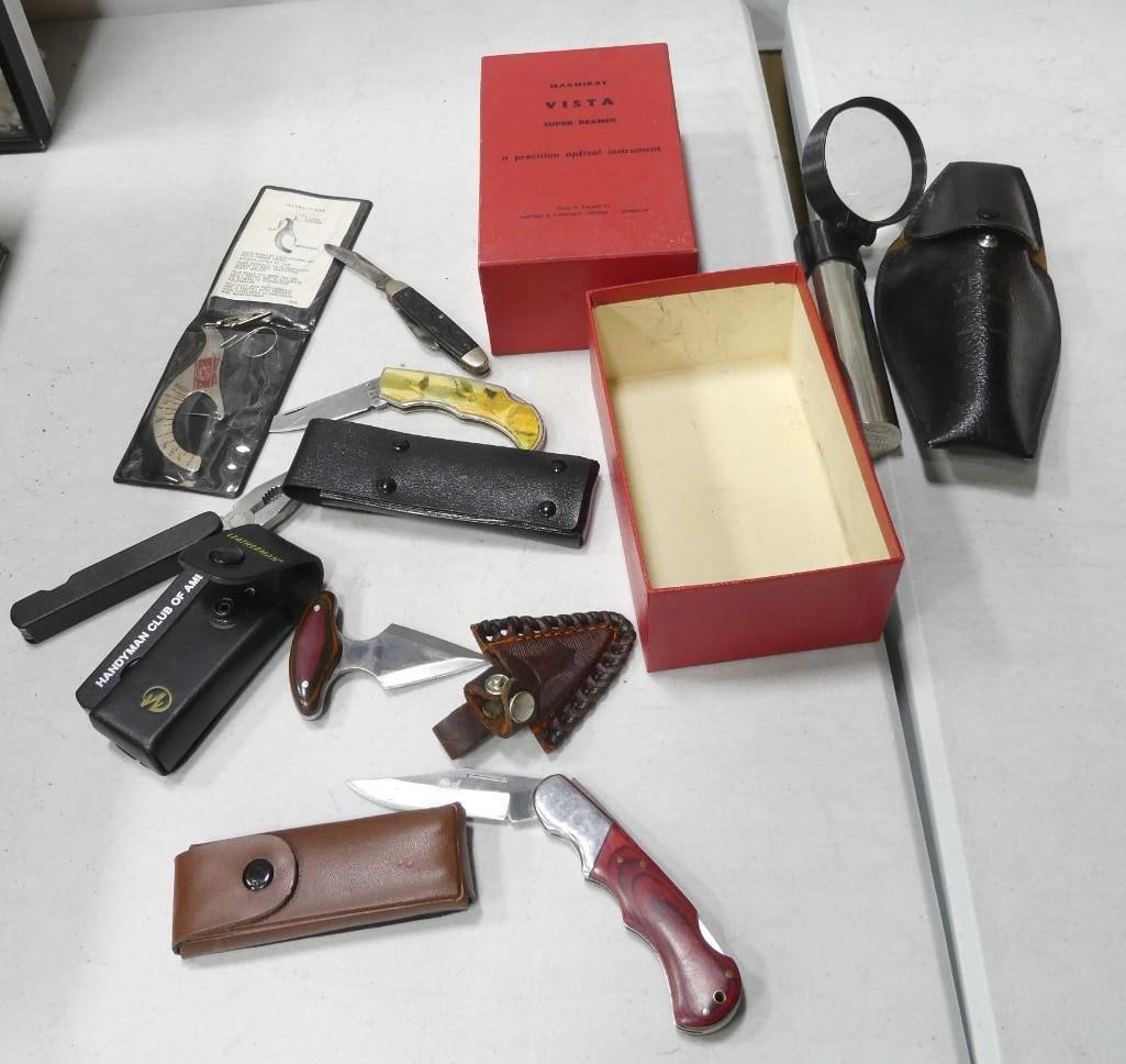 Knife Lot, Etc. Including Pocket Knives, Pakistan, Magnifier, Postal
